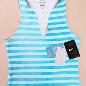NIKE Womens Dri- Fit V Neck Tank Top Blue Striped Tennis Golf